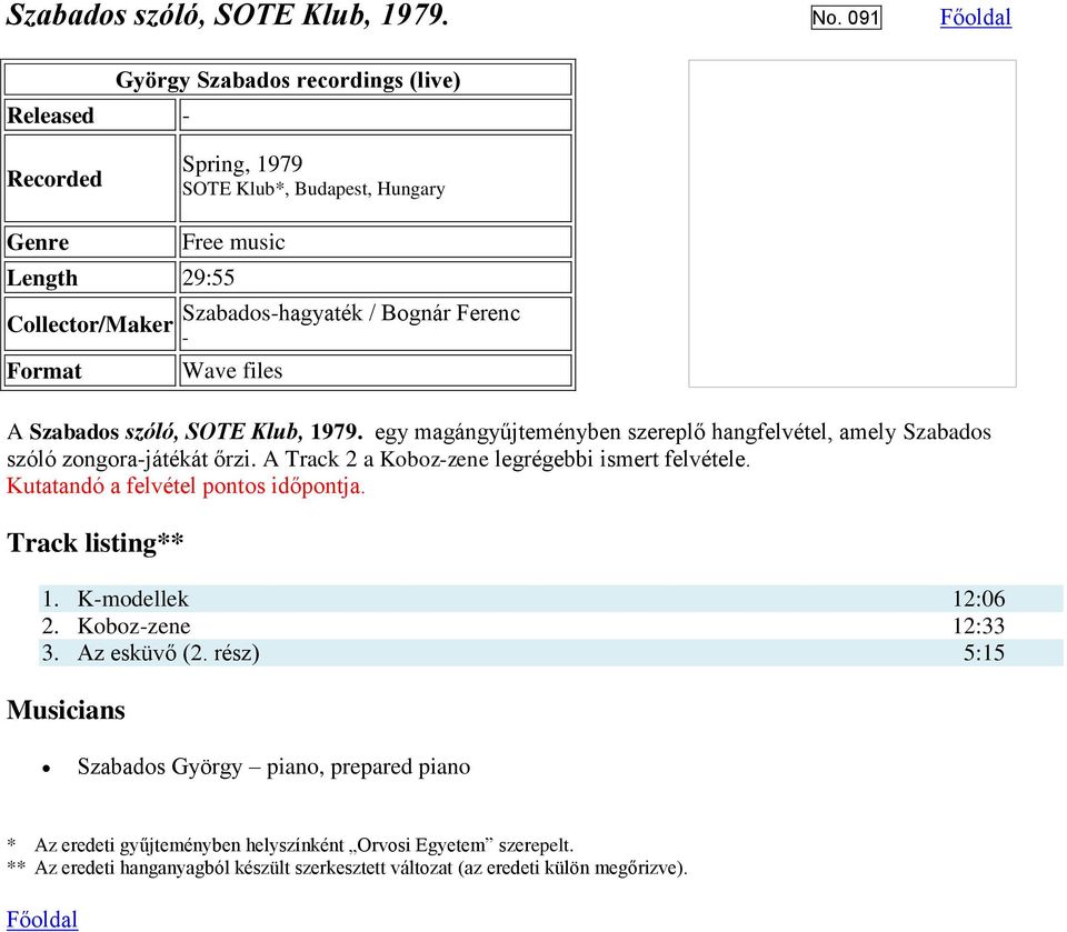 files A Szabados szóló, SOTE Klub, 1979. egy magángyűjteményben szereplő hangfelvétel, amely Szabados szóló zongorajátékát őrzi.