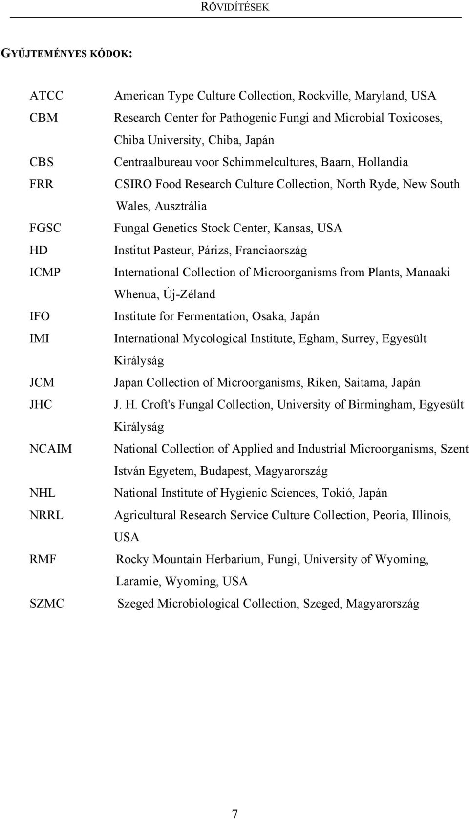 Pasteur, Párizs, Franciaország ICMP International Collection of Microorganisms from Plants, Manaaki Whenua, Új-Zéland IFO Institute for Fermentation, Osaka, Japán IMI International Mycological