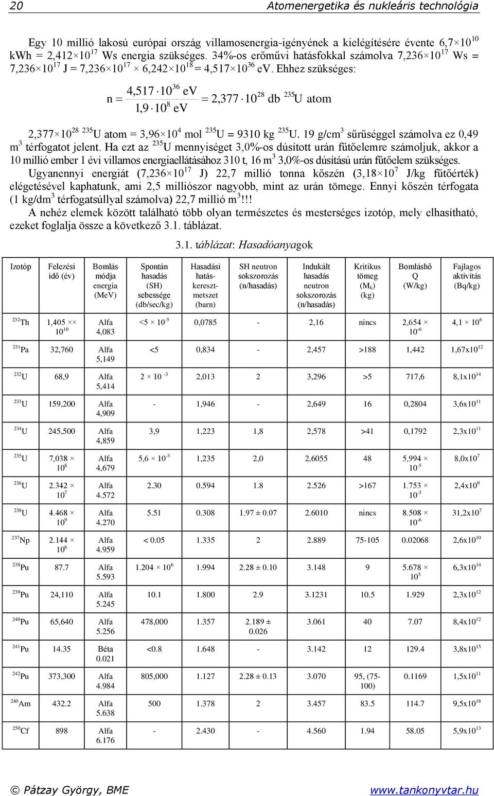 Ehhez szükséges: n 4 28 235 36,517 10 ev 2,377 10 8 1,9 10 ev 2,377 10 28 235 U atom = 3,96 10 4 mol 235 U = 9310 kg 235 U. 19 g/cm 3 sűrűséggel számolva ez 0,49 m 3 térfogatot jelent.