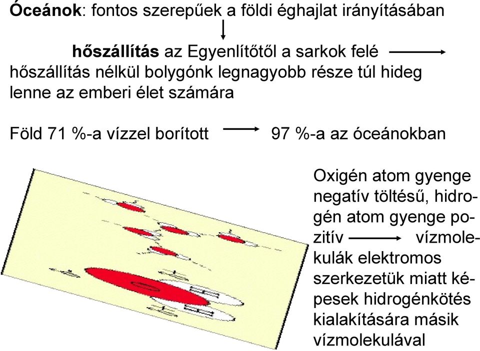 vízzel borított 97 %-a az óceánokban Oxigén atom gyenge negatív töltésű, hidrogén atom gyenge