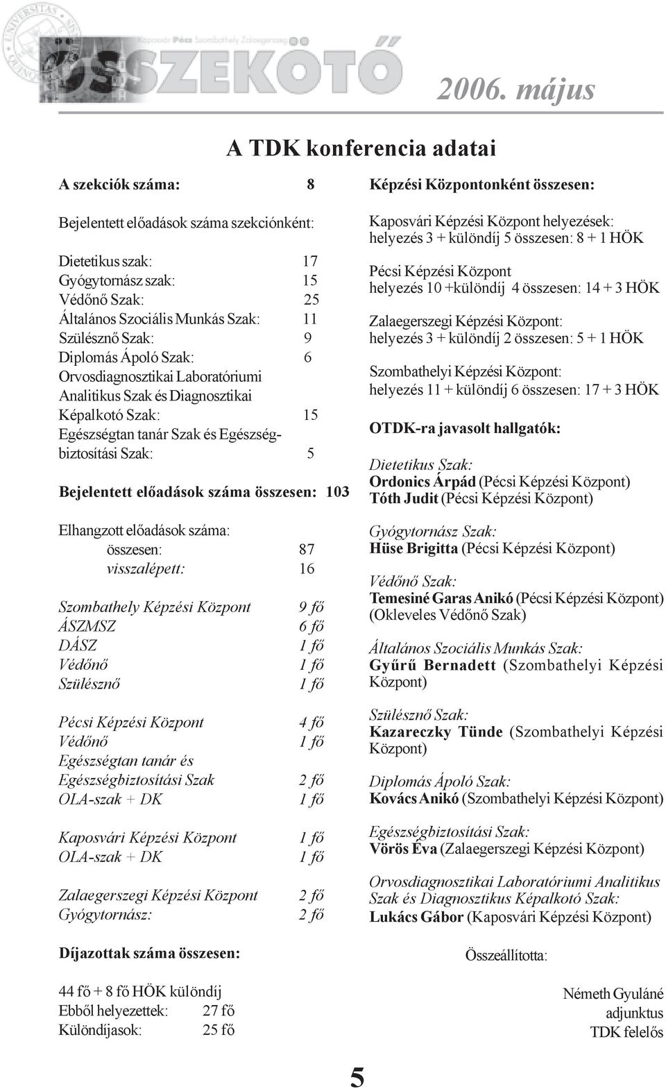 Szak: 6 Orvosdiagnosztikai Laboratóriumi Analitikus Szak és Diagnosztikai Képalkotó Szak: 15 Egészségtan tanár Szak és Egészségbiztosítási Szak: 5 Bejelentett elõadások száma összesen: 103 Elhangzott