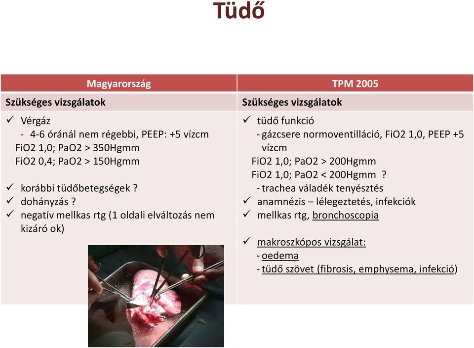 negatív mellkas rtg (1 oldali elváltozás nem kizáró ok) Szükséges vizsgálatok tüdő funkció gázcsere normoventilláció, FiO2 1,0, PEEP