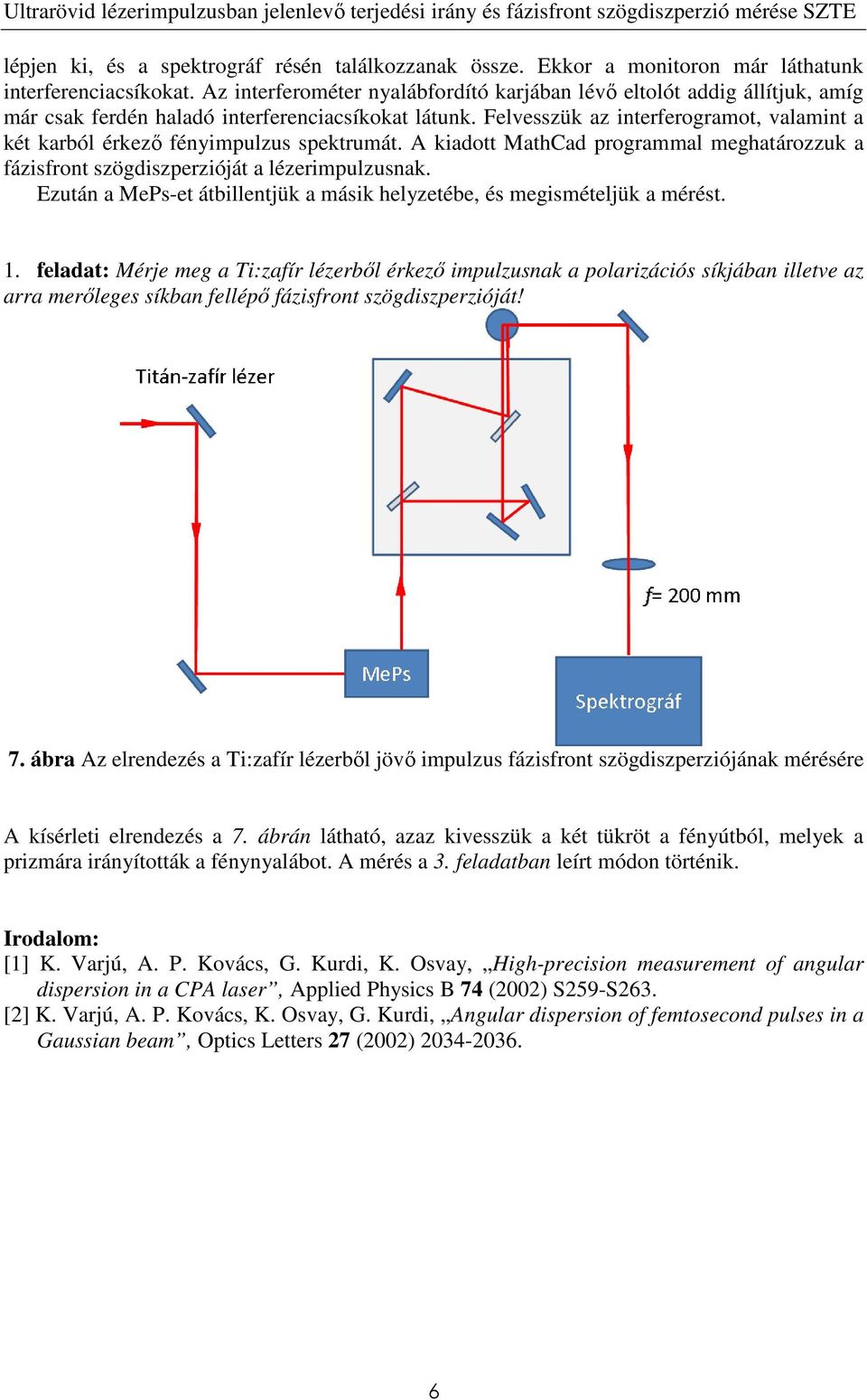 Felvesszük az interferogramot, valamint a két karból érkező fénimpulzus spektrumát. A kiadott MathCad programmal meghatározzuk a fázisfront szögdiszperzióját a lézerimpulzusnak.