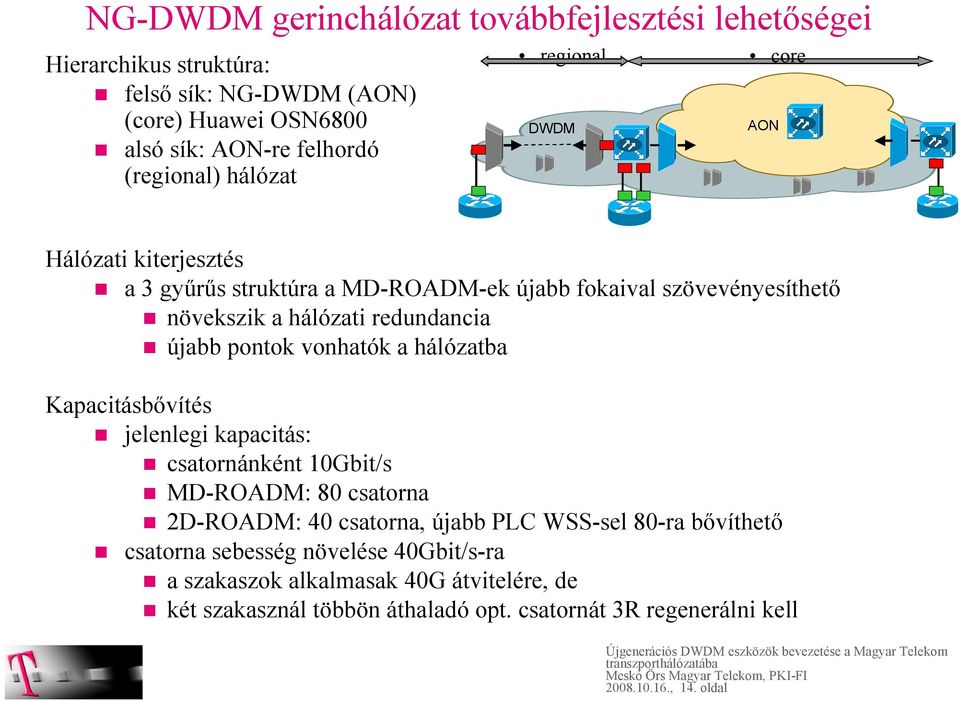 pontok vonhatók a hálózatba Kapacitásbővítés jelenlegi kapacitás: csatornánként 10Gbit/s MD-: 80 csatorna 2D-: 40 csatorna, újabb PLC -sel 80-ra bővíthető