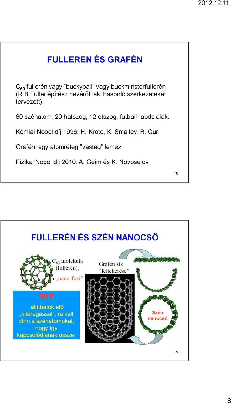 60 szénatom, 20 hatszög, 12 ötszög, futball-labda alak. Kémiai Nobel díj 1996: H. Kroto, K.
