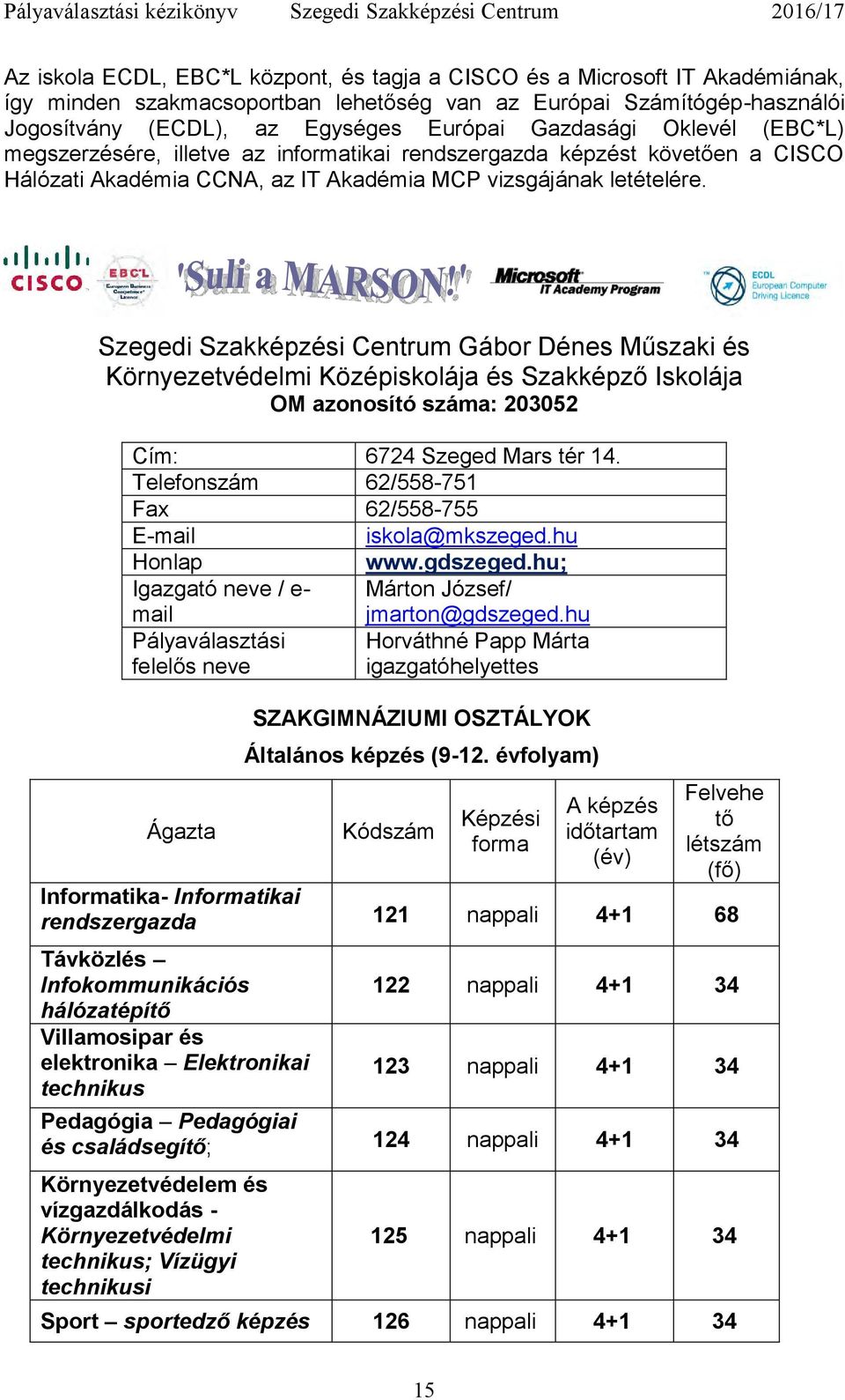 Szegedi Szakképzési Centrum Gábor Dénes Műszaki és Környezetvédelmi Középiskolája és Szakképző Iskolája OM azonosító száma: 203052 Cím: 6724 Szeged Mars tér 14.
