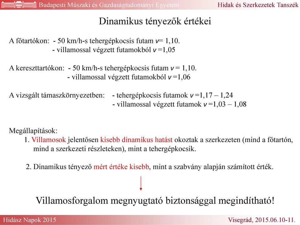 - villamossal végzett futamokból ν =1,6 A vizsgált támaszkörnyezetben: - tehergépkocsis futamok ν =1,17 1,24 - villamossal végzett futamok ν =1,3 1,8