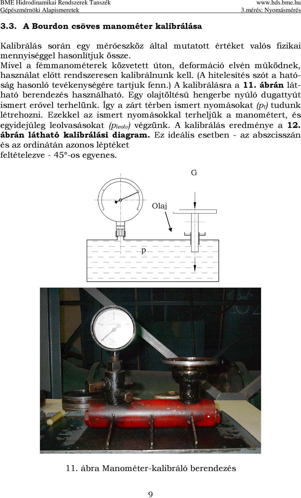 ) A kalibrálásra a 11. ábrán látható berendezés használható. Egy olajtöltésű hengerbe nyúló dugattyút ismert erővel terhelünk. Így a zárt térben ismert nyomásokat (pt) tudunk létrehozni.