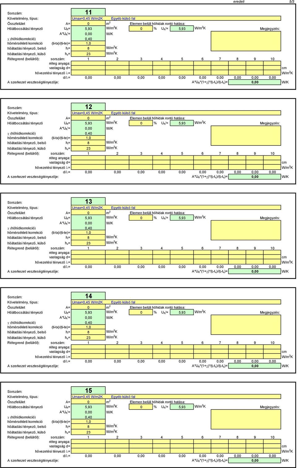 5,93 Megjegyzés: A*UR'=, c (hőhídkorrekció),4 hőmérsékleti korrekció (ti-tx)/(ti-te)= 1, hőátadási tényező, belső hi= 8 hőátadási tényező, külső he= 23 A szerkezet veszteségtényezője:
