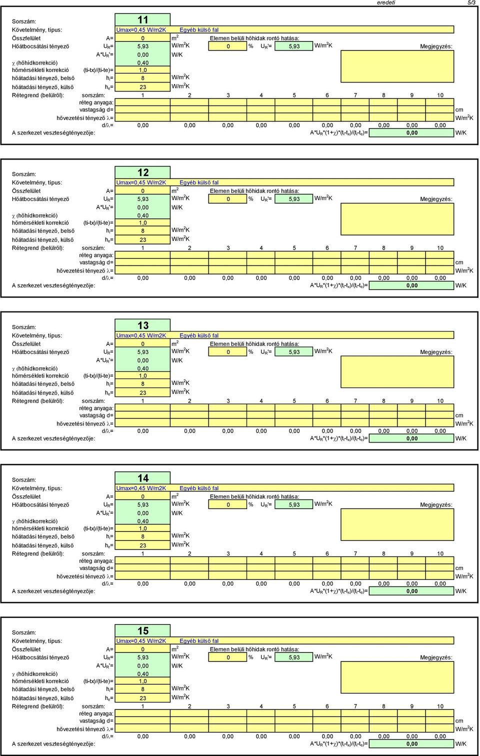 5,93 Megjegyzés: A*UR'=, c (hőhídkorrekció),4 hőmérsékleti korrekció (ti-tx)/(ti-te)= 1, hőátadási tényező, belső hi= 8 hőátadási tényező, külső he= 23 A szerkezet veszteségtényezője: