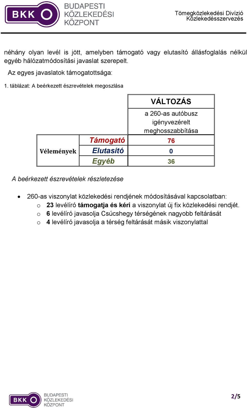 táblázat: A beérkezett észrevételek megoszlása Vélemények VÁLTOZÁS a 260-as autóbusz igényvezérelt meghosszabbítása Támogató 76 Elutasító 0 Egyéb 36 A