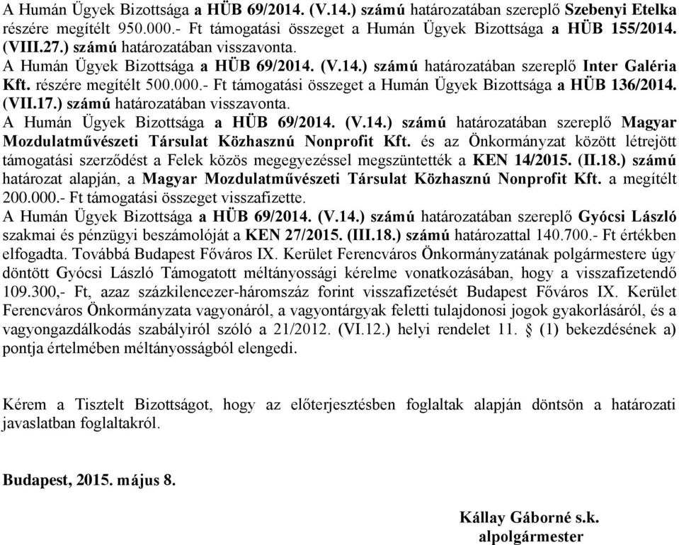 - Ft összeget a Humán Ügyek Bizottsága a HÜB 136/2014. (VII.17.) számú határozatában visszavonta. A Humán Ügyek Bizottsága a HÜB 69/2014. (V.14.) számú határozatában szereplő Magyar Mozdulatművészeti Társulat Közhasznú Nonprofit Kft.