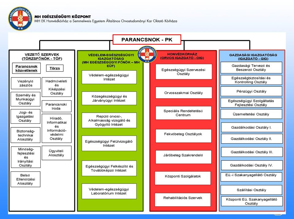 IGAZGATÓSÁG (MH EGÉSZSÉGÜGYI FŐNÖK MH EÜF) Védelem-egészségügyi Intézet Közegészségügyi és Járványügyi Intézet Repülő orvosi-, Alkalmasság vizsgáló és Gyógyító Intézet Egészségügyi Felülvizsgáló