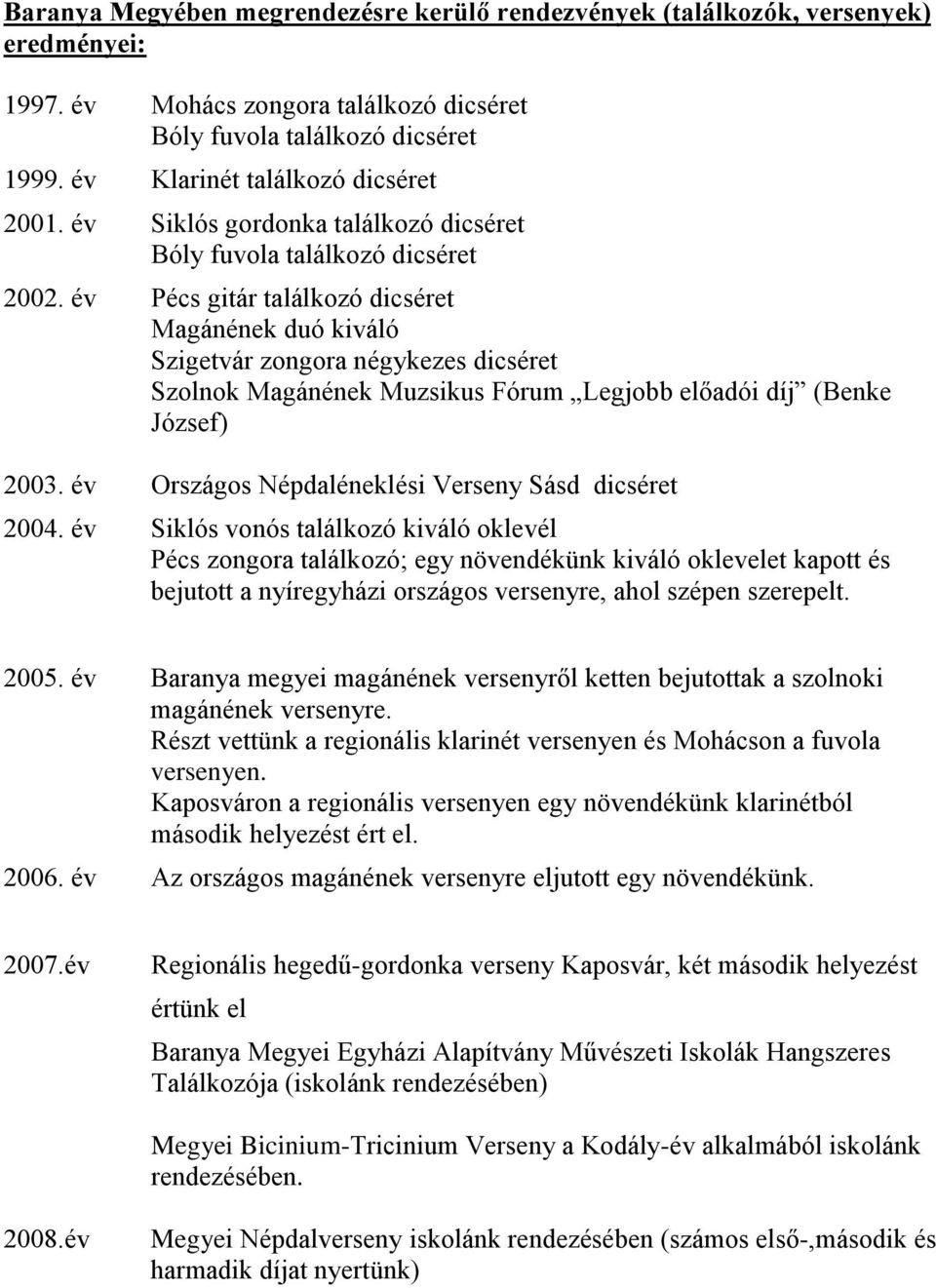 év Pécs gitár találkozó dicséret Magánének duó kiváló Szigetvár zongora négykezes dicséret Szolnok Magánének Muzsikus Fórum Legjobb előadói díj (Benke József) 2003.