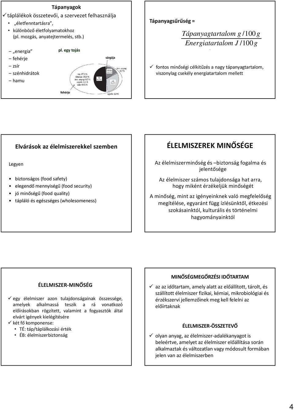 az élelmiszerekkel szemben Legyen biztonságos (food safety) elegendő mennyiségű (food security) jó minőségű (food quality) tápláló és egészséges (wholesomeness) ÉLELMISZEREK MINŐSÉGE Az