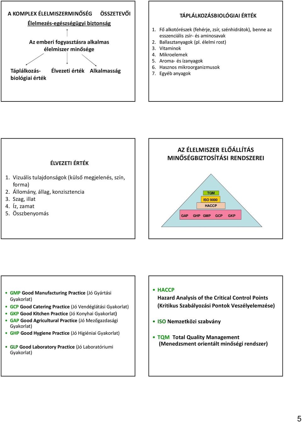 Hasznos mikroorganizmusok 7. Egyéb anyagok ÉLVEZETI ÉRTÉK 1. Vizuális tulajdonságok (külső megjelenés, szín, forma) 2. Állomány, állag, konzisztencia 3. Szag, illat 4. Íz, zamat 5.