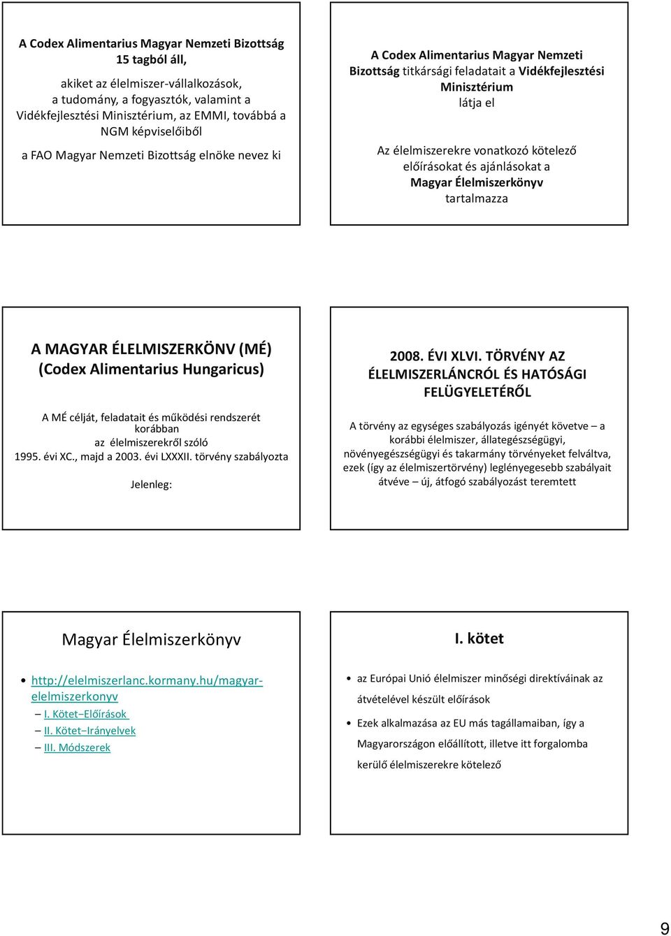 előírásokat és ajánlásokat a Magyar Élelmiszerkönyv tartalmazza A MAGYAR ÉLELMISZERKÖNV (MÉ) (Codex Alimentarius Hungaricus) A MÉ célját, feladatait és működési rendszerét korábban az élelmiszerekről