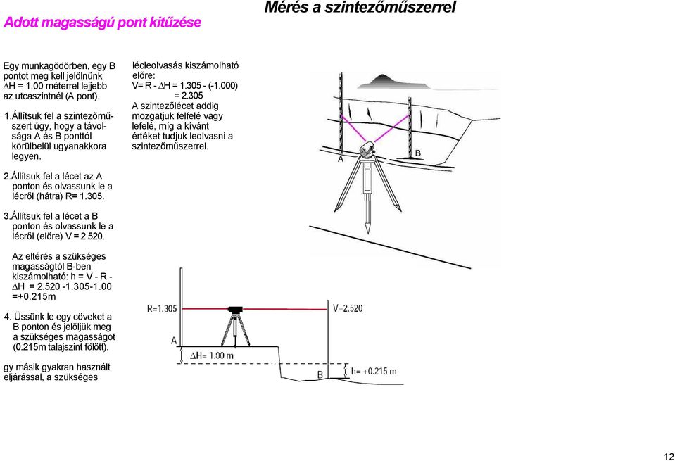 305 - (-1.000) = 2.305 A szintezőlécet addig mozgatjuk felfelé vagy lefelé, míg a kívánt értéket tudjuk leolvasni a szintezőműszerrel. 2.Állítsuk fel a lécet az A ponton és olvassunk le a lécről (hátra) R= 1.