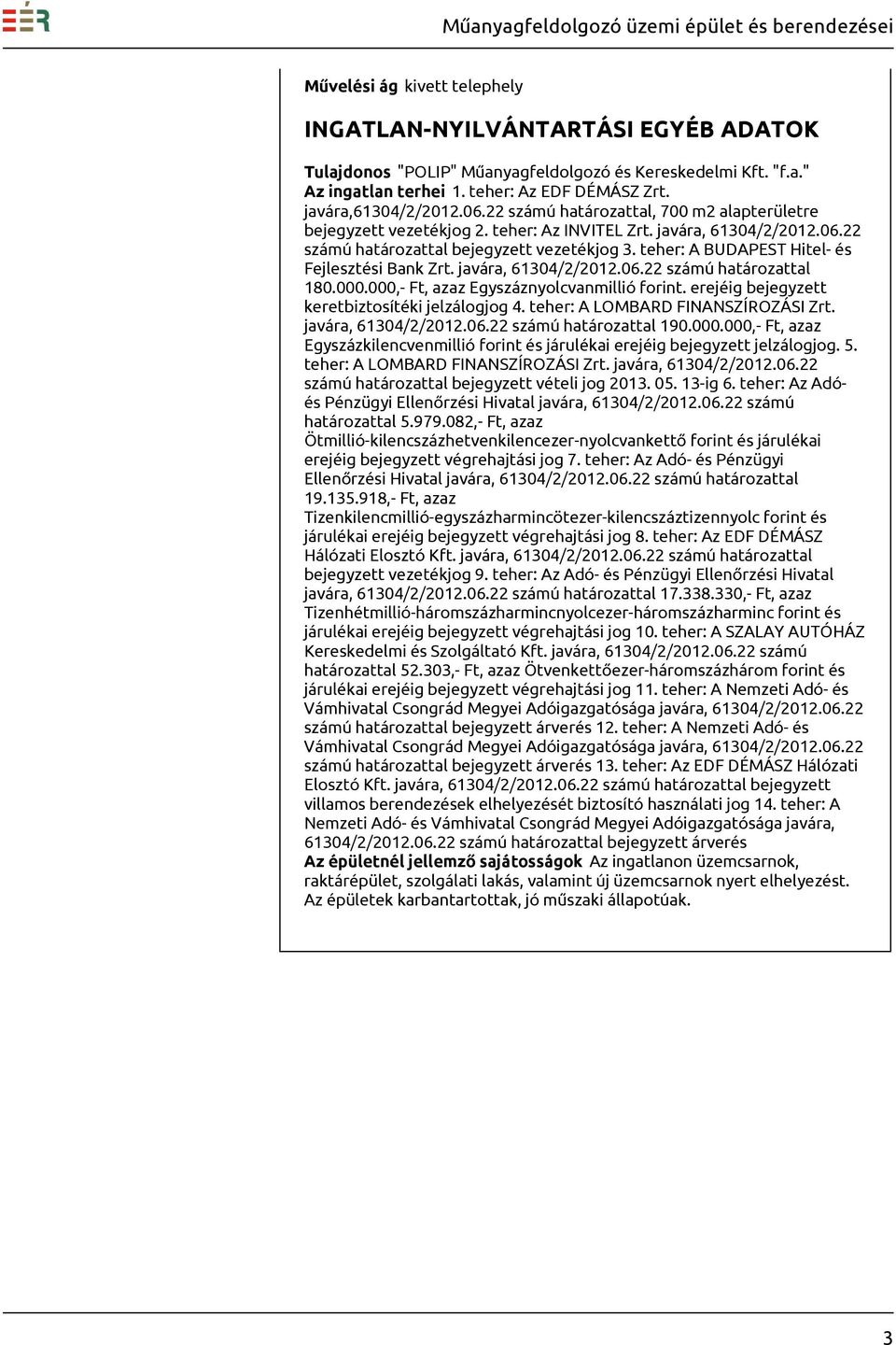 teher: A BUDAPEST Hitel- és Fejlesztési Bank Zrt. javára, 61304/2/2012.06.22 számú határozattal 180.000.000,- Ft, azaz Egyszáznyolcvanmillió forint. erejéig bejegyzett keretbiztosítéki jelzálogjog 4.