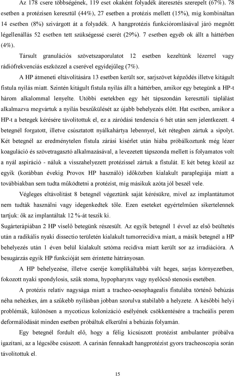 A hangprotézis funkcióromlásával járó megnőtt légellenállás 52 esetben tett szükségessé cserét (29%). 7 esetben egyéb ok állt a háttérben (4%).