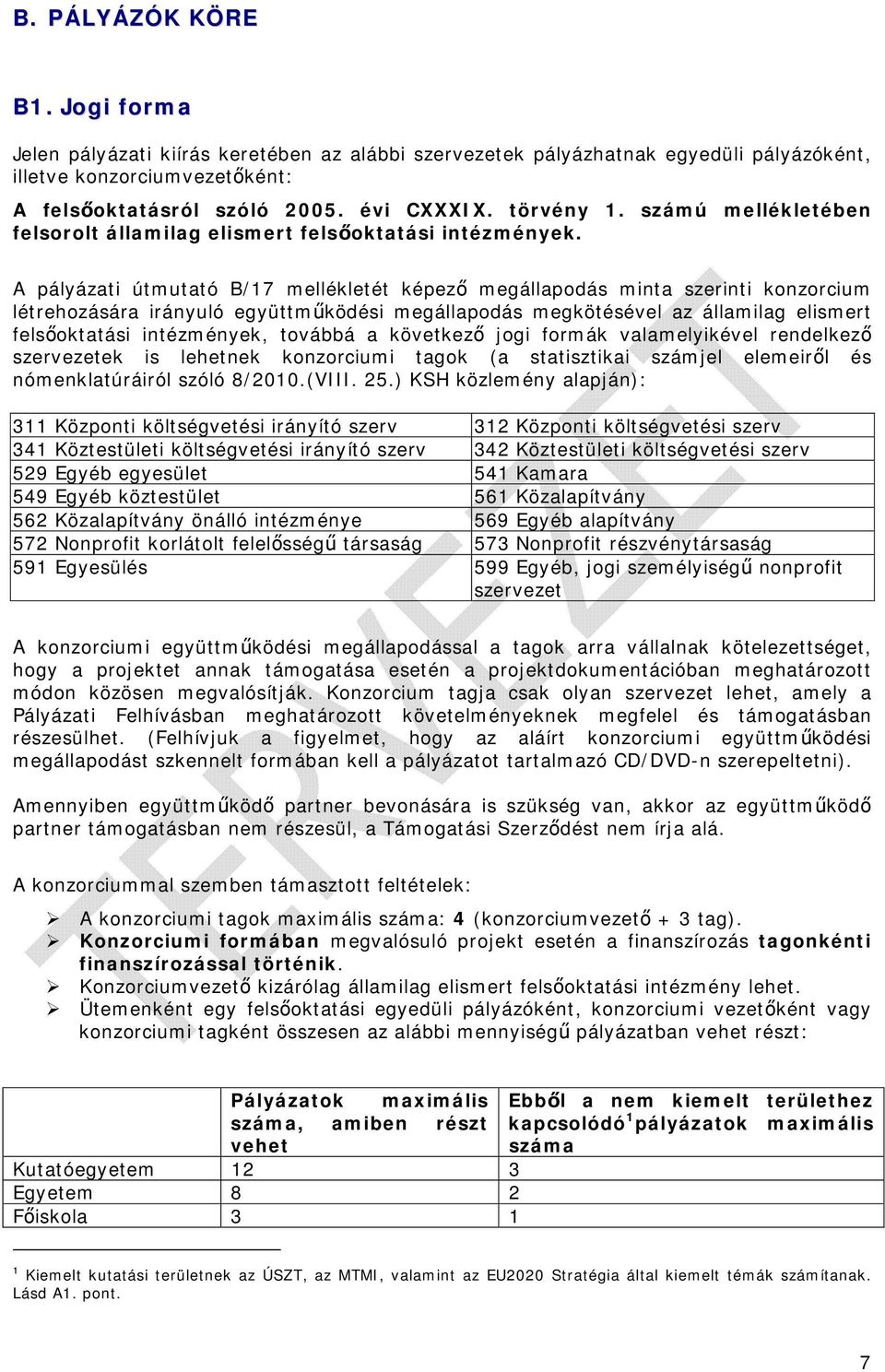 A pályázati útmutató B/17 mellékletét képező megállapodás minta szerinti konzorcium létrehozására irányuló együttműködési megállapodás megkötésével az államilag elismert felsőoktatási intézmények,