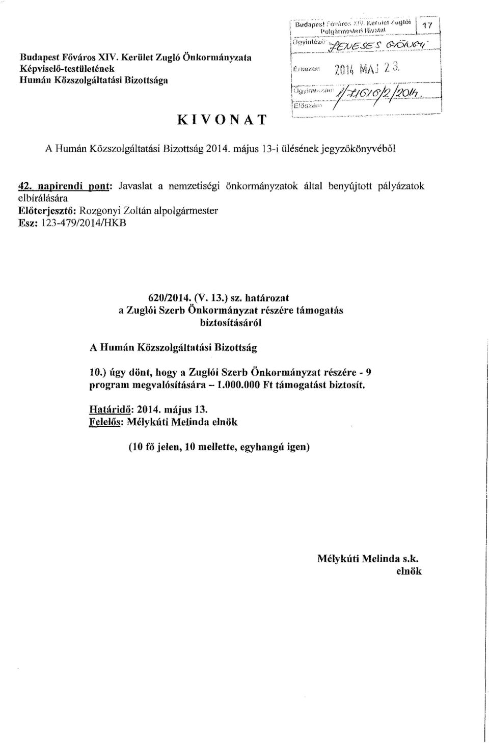 napirendi pont: Javaslat a nemzetiségi önkormányzatok által benyújtott pályázatok elbírálására Előterjesztő: Rozgonyi Zoltán alpolgármester Esz: 123-479/2014/HKB 620/2014. (V. 13.) sz.