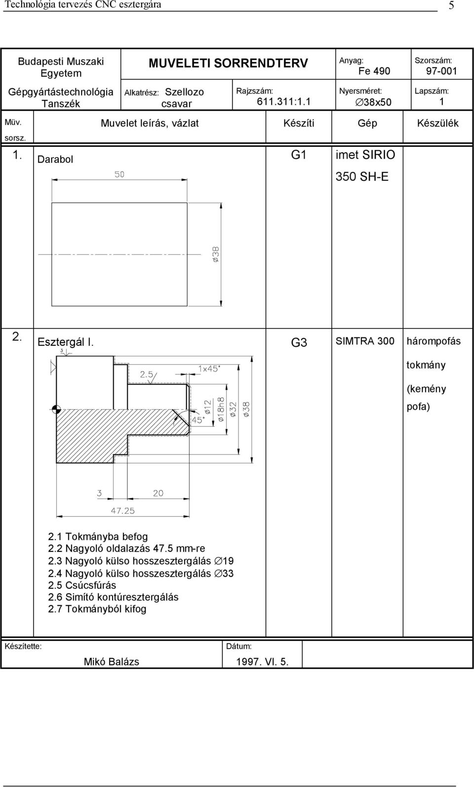 1 Anyag: Fe 490 Nyersméret: 38x50 Szorszám: 97-001 Lapszám: 1 Muvelet leírás, vázlat Készíti Gép Készülék 1. Darabol G1 imet SIRIO 350 SH-E 2.