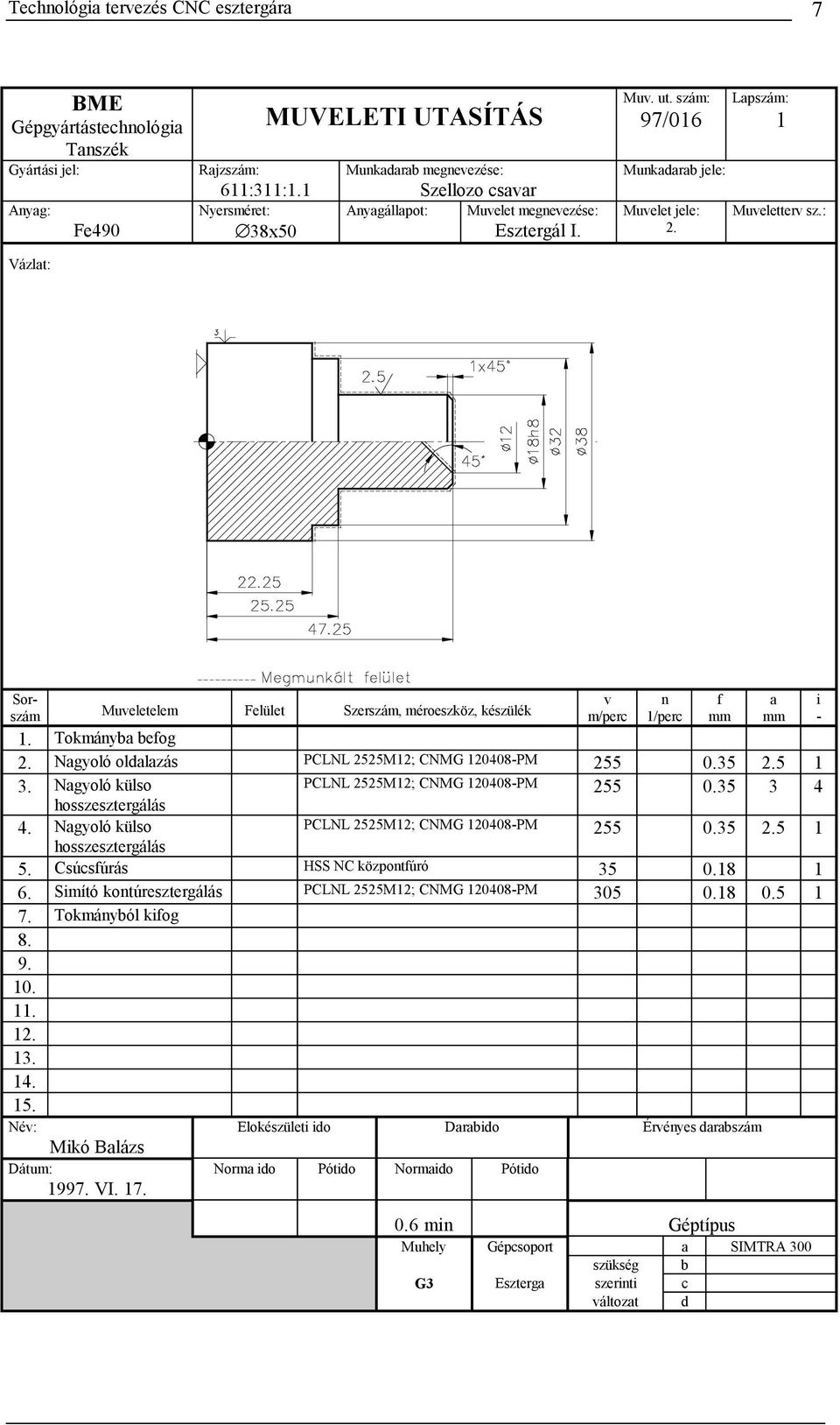 : Sorszám Muveletelem Felület Szerszám, méroeszköz, készülék 1. Tokmányba befog v m/perc n 1/perc 2. Nagyoló oldalazás PCLNL 2525M12; CNMG 120408-PM 255 0.35 2.5 1 3.