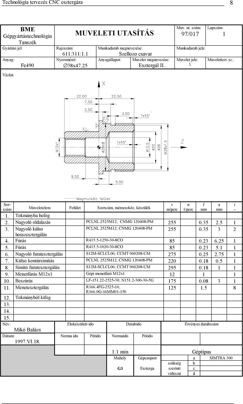 : Sorszám Muveletelem Felület Szerszám, méroeszköz, készülék 1. Tokmányba befog v m/perc n 1/perc 2. Nagyoló oldalazás PCLNL 2525M12; CNMG 120408-PM 255 0.35 2.5 1 3.