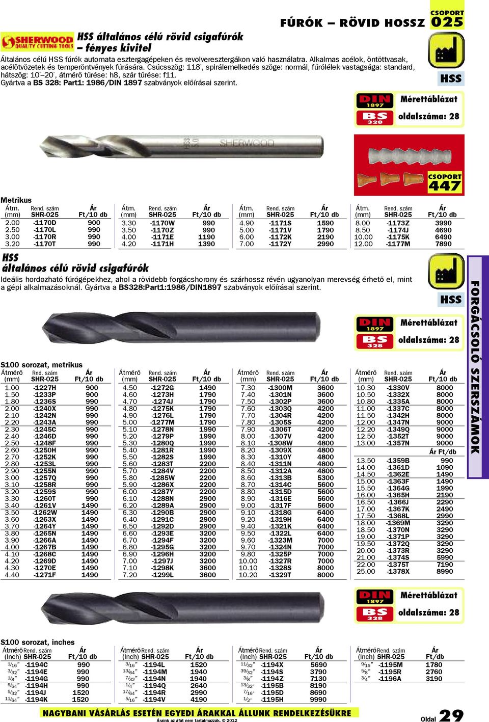 Csúcsszög: 118, spirálemelkedés szöge: normál, fúrólélek vastagsága: standard, hátszög: 10 20, átmérő tűrése: h8, szár tűrése: f11. Gyártva a BS 328: Part1: 1986/DIN 1897 szabványok előírásai szerint.