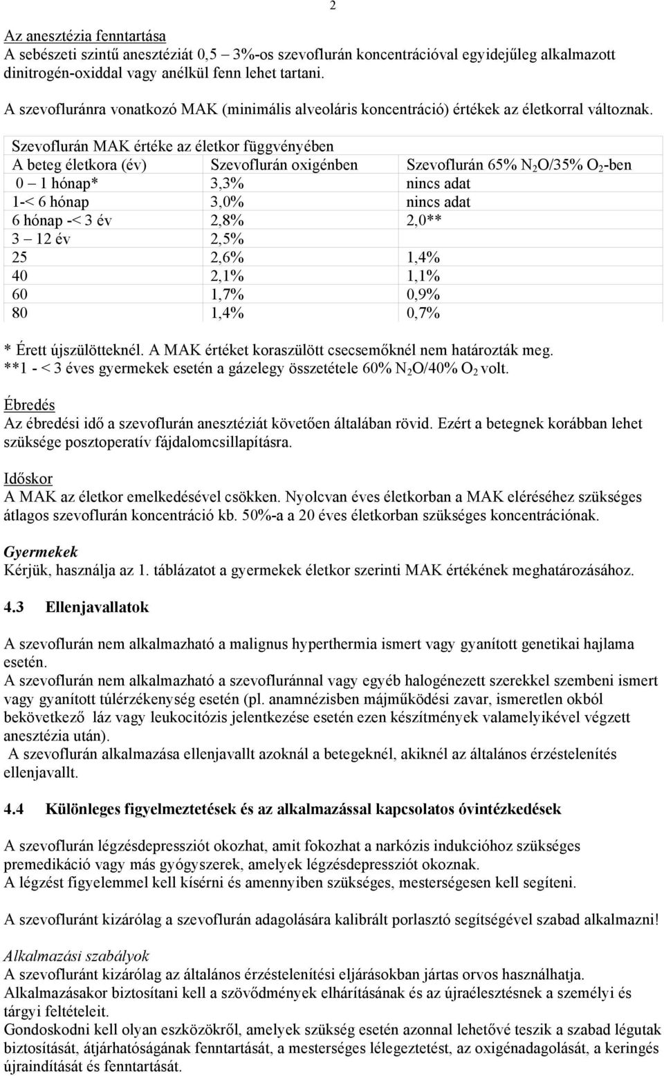 Szevoflurán MAK értéke az életkor függvényében A beteg életkora (év) Szevoflurán oxigénben Szevoflurán 65% N 2 O/35% O 2 -ben 0 1 hónap* 3,3% nincs adat 1-< 6 hónap 3,0% nincs adat 6 hónap -< 3 év
