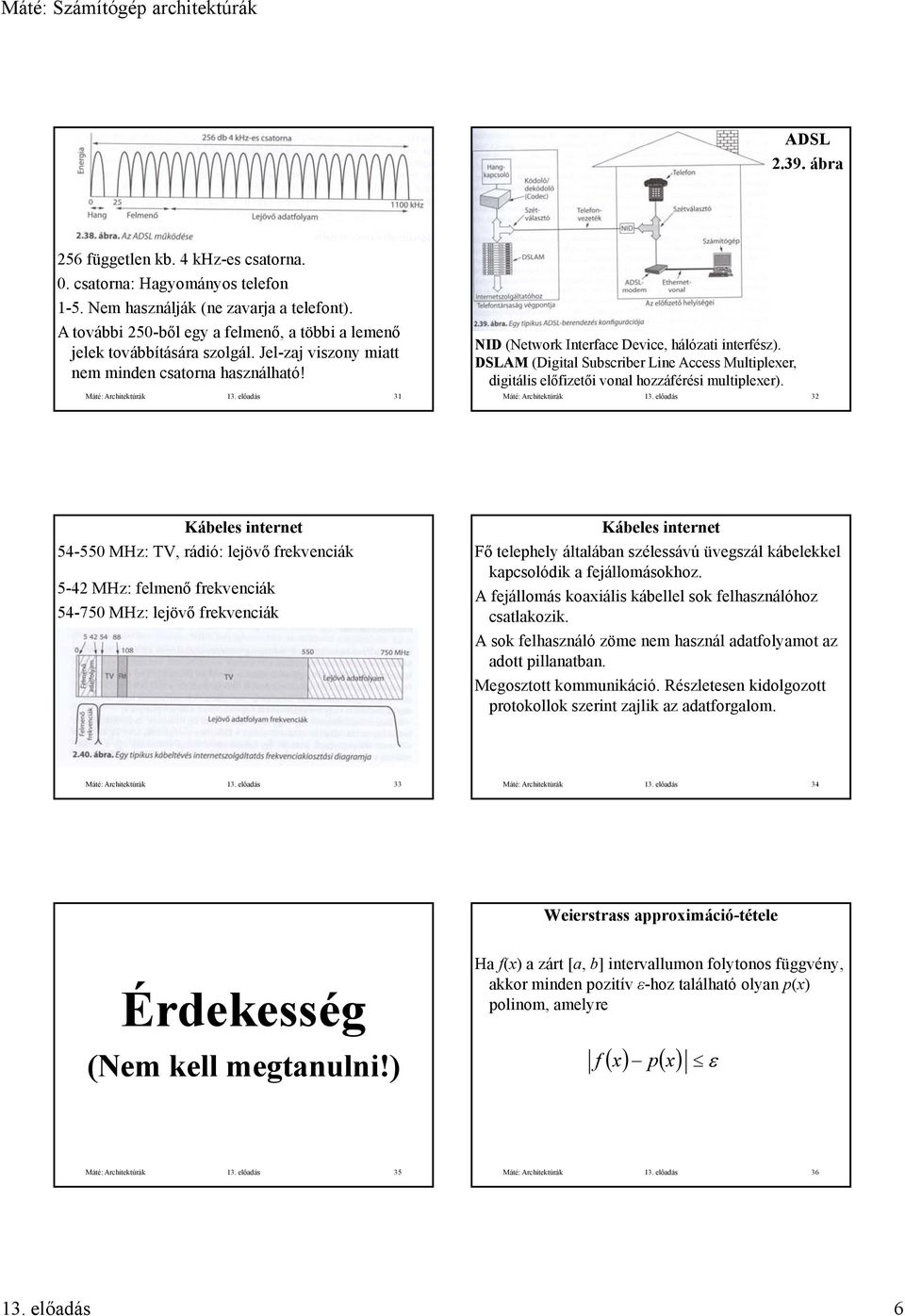 előadás 3 NID (Network Interface Device, hálózati interfész). DSLAM (Digital Subscriber Line Access Multiplexer, digitális előfizetői vonal hozzáférési multiplexer). Máté: Architektúrák 3.