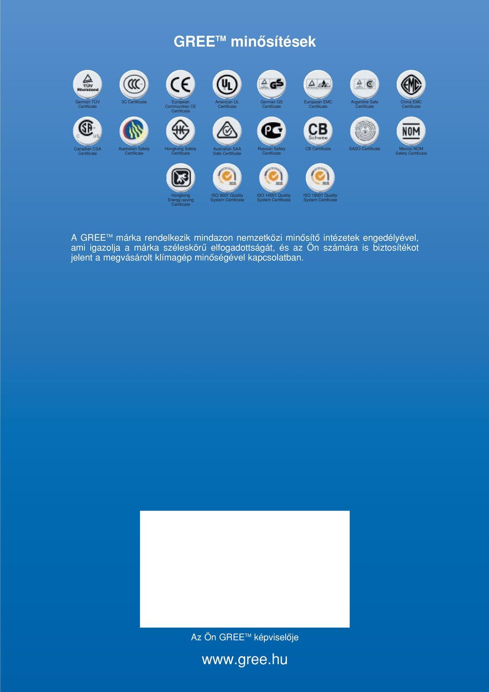 Quality System ISO 18001 Quality System A GREE TM márka rendelkezik mindazon nemzetközi minôsítô intézetek engedélyével, ami igazolja a márka