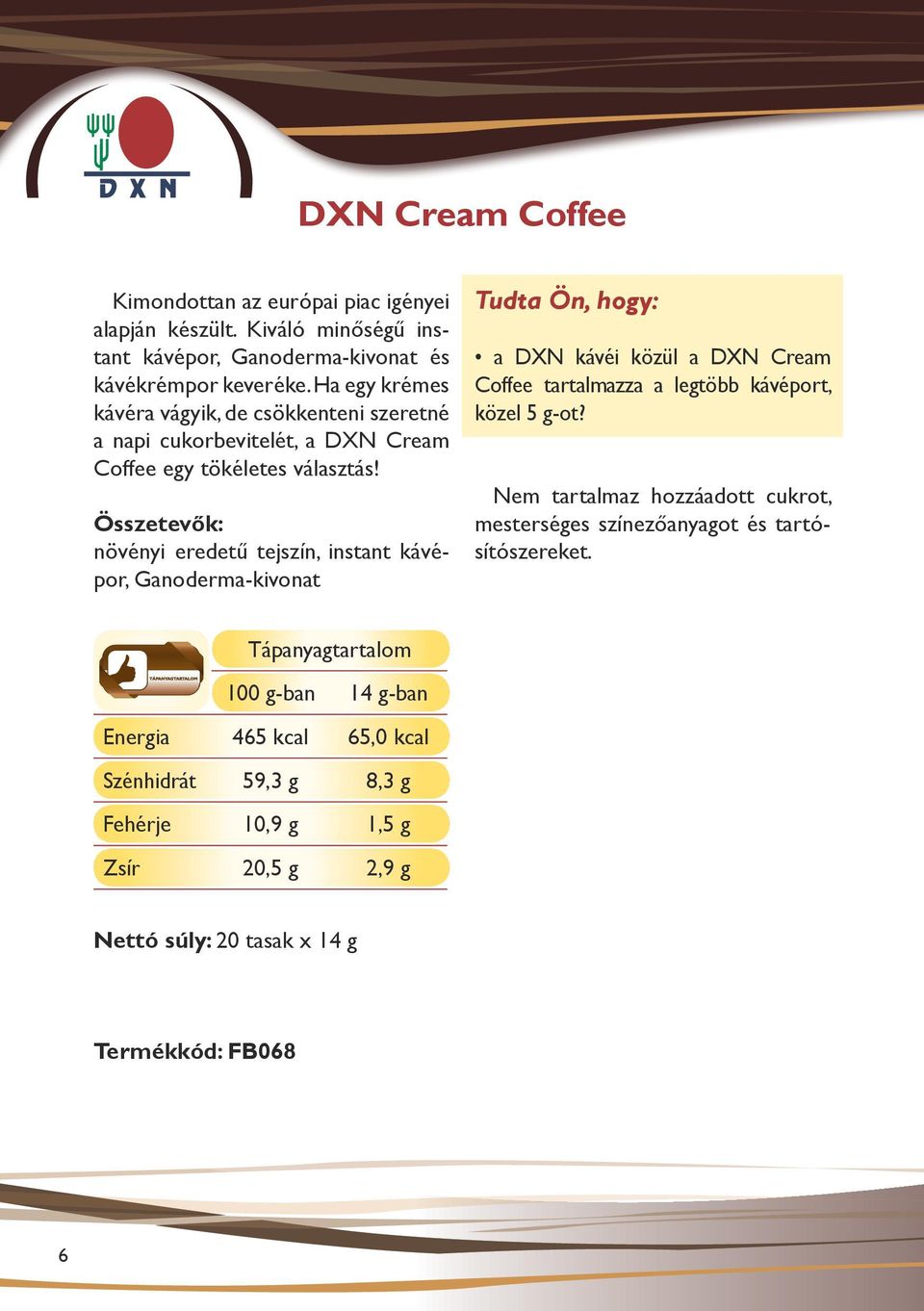 Összetevők: növényi eredetű tejszín, instant kávépor, Ganoderma-kivonat a DXN kávéi közül a DXN Cream Coffee tartalmazza a legtöbb kávéport, közel 5 g-ot?