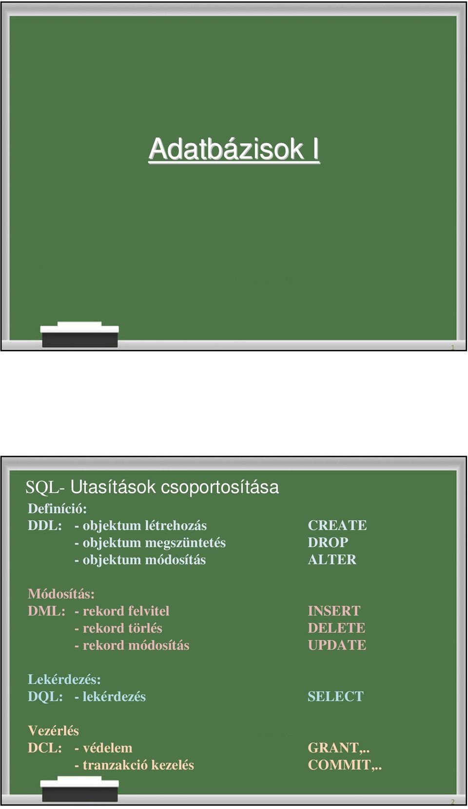 rekord felvitel INSERT - rekord törlés DELETE - rekord módosítás UPDATE Lekérdezés: