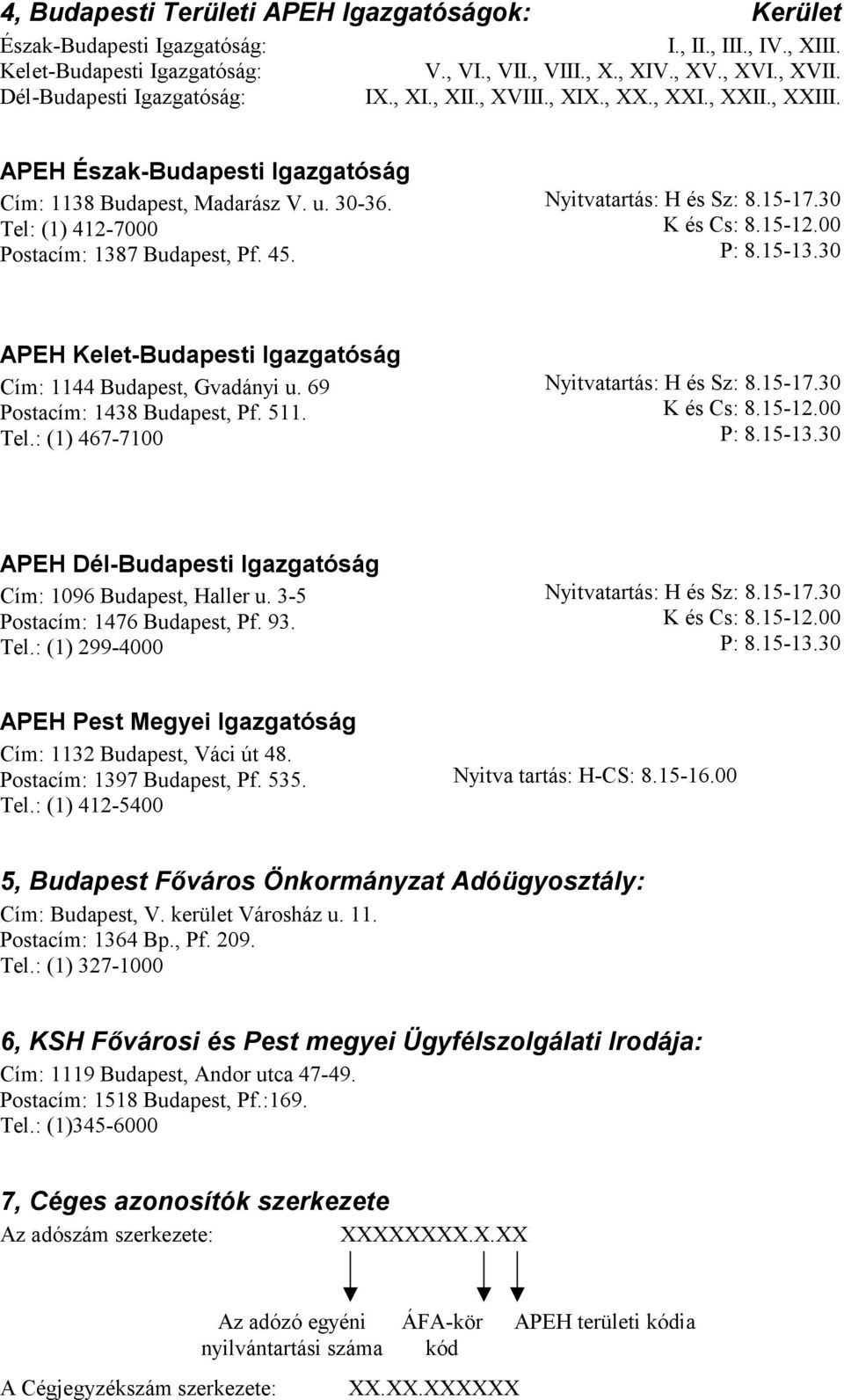 Tel: (1) 412-7000 Postacím: 1387 Budapest, Pf. 45. Nyitvatartás: H és Sz: 8.15-17.30 K és Cs: 8.15-12.00 P: 8.15-13.30 APEH Kelet-Budapesti Igazgatóság Cím: 1144 Budapest, Gvadányi u.