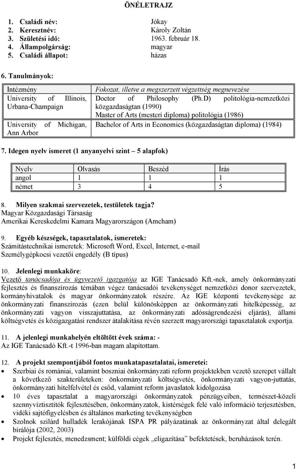 D) politológia-nemzetközi közgazdaságtan (1990) Master of Arts (mesteri diploma) politológia (1986) Bachelor of Arts in Economics (közgazdaságtan diploma) (1984) 7.