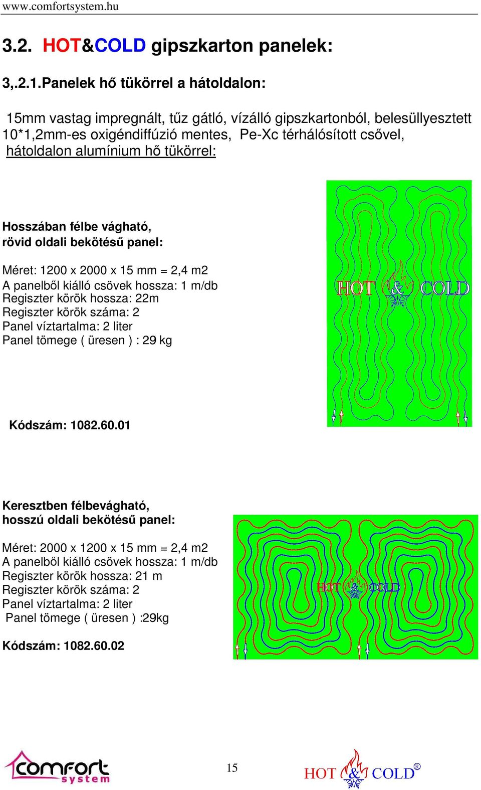 hő tükörrel: Hosszában félbe vágható, rövid oldali bekötésű panel: Méret: 1200 x 2000 x 15 mm = 2,4 m2 A panelből kiálló csövek hossza: 1 m/db Regiszter körök hossza: 22m Regiszter körök száma: