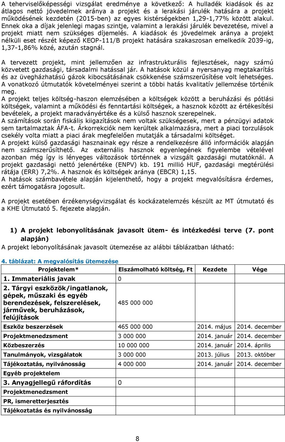 A kiadások és jövedelmek aránya a projekt nélküli eset részét képező KEOP-111/B projekt hatására szakaszosan emelkedik 2039-ig, 1,37-1,86% közé, azután stagnál.