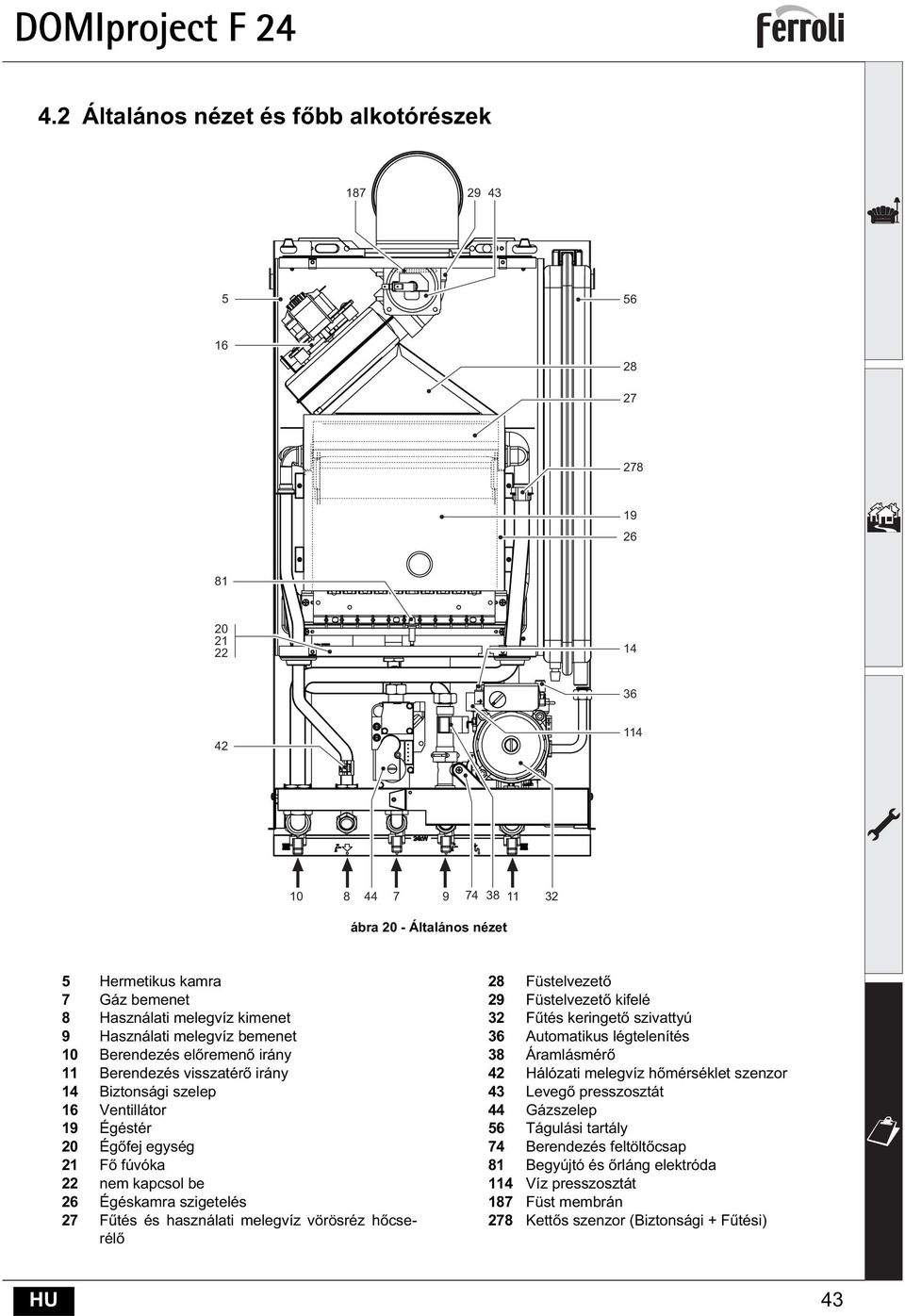 F tés és használati melegvíz vörösréz h cserél 8 Füstelvezet 9 Füstelvezet kifelé 3 F tés keringet szivattyú 36 utomatikus légtelenítés 38 Áramlásmér 4 Hálózati melegvíz h mérséklet