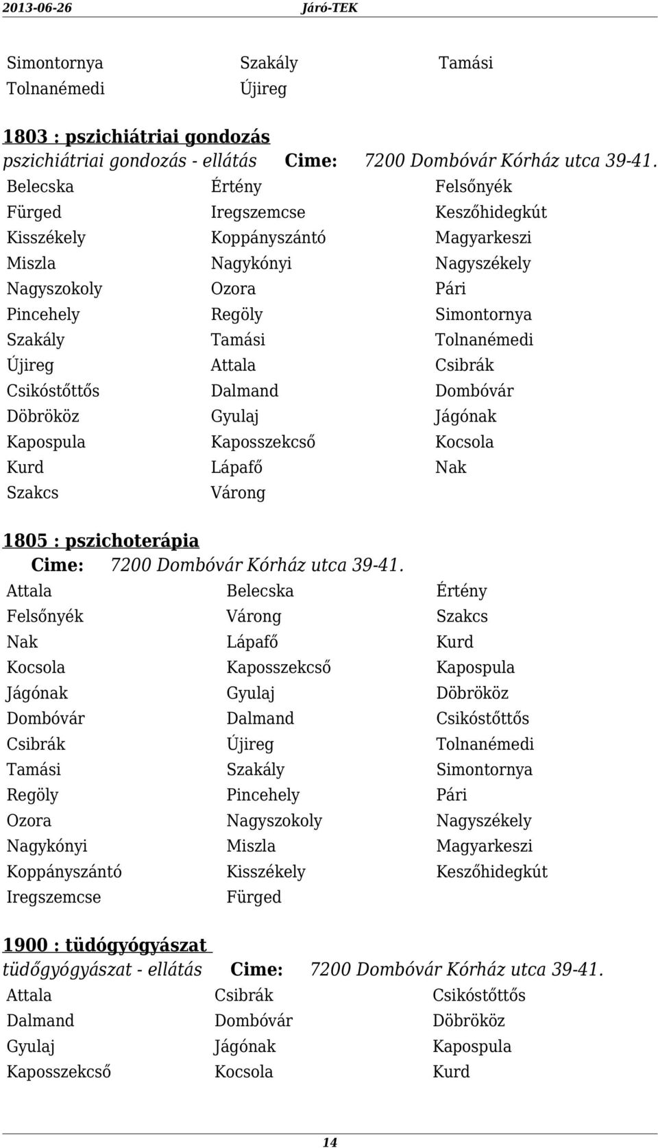 Kaposszekcső Kocsola Kurd Lápafő Nak Szakcs Várong 1805 : pszichoterápia Cime: 7200 Dombóvár Kórház utca 39-41.