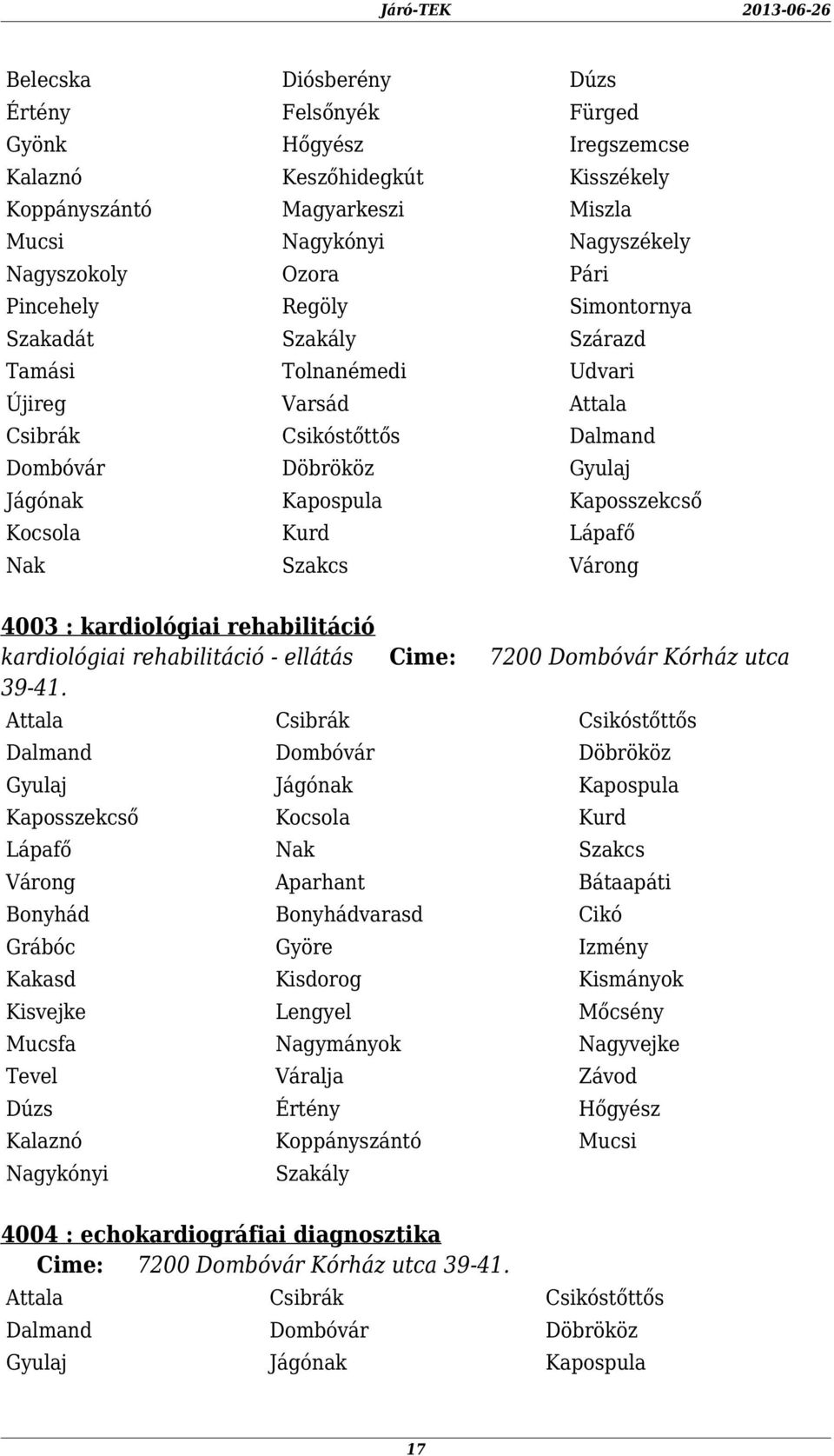 Várong Aparhant Bátaapáti Bonyhád Bonyhádvarasd Cikó Grábóc Györe Izmény Kakasd Kisdorog Kismányok Kisvejke Lengyel Mőcsény Mucsfa Nagymányok Nagyvejke