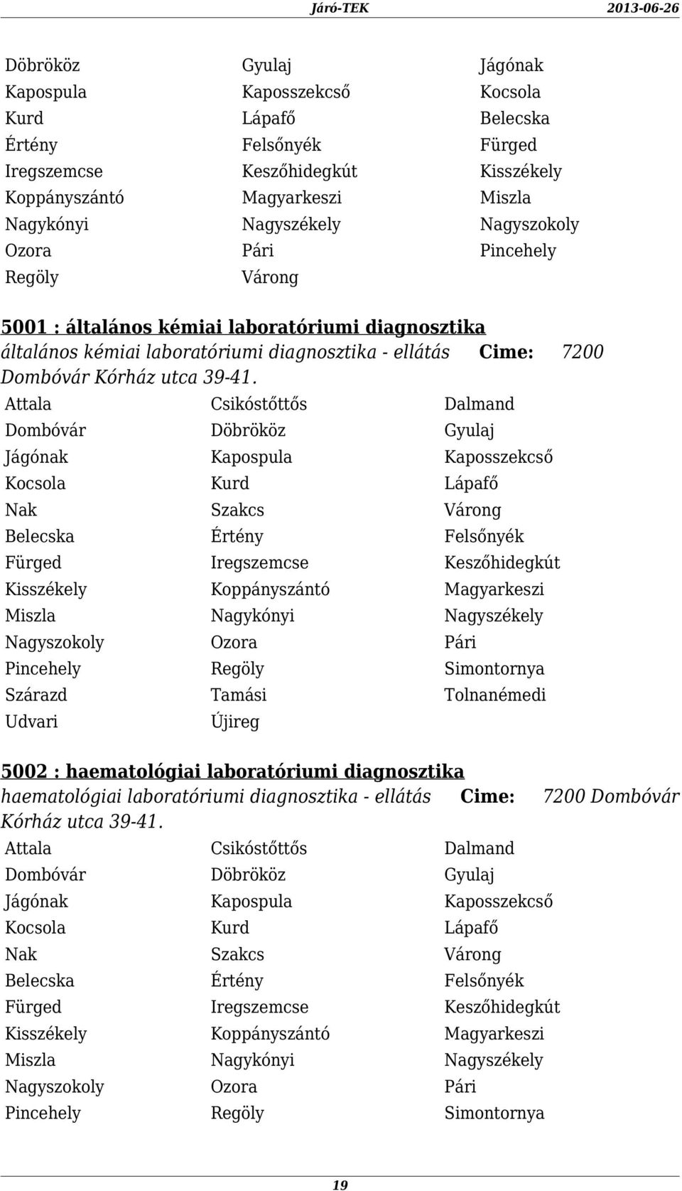 Attala Csikóstőttős Dalmand Belecska Értény Felsőnyék Fürged Iregszemcse Keszőhidegkút Miszla Nagykónyi Nagyszékely Udvari 5002 : haematológiai laboratóriumi diagnosztika