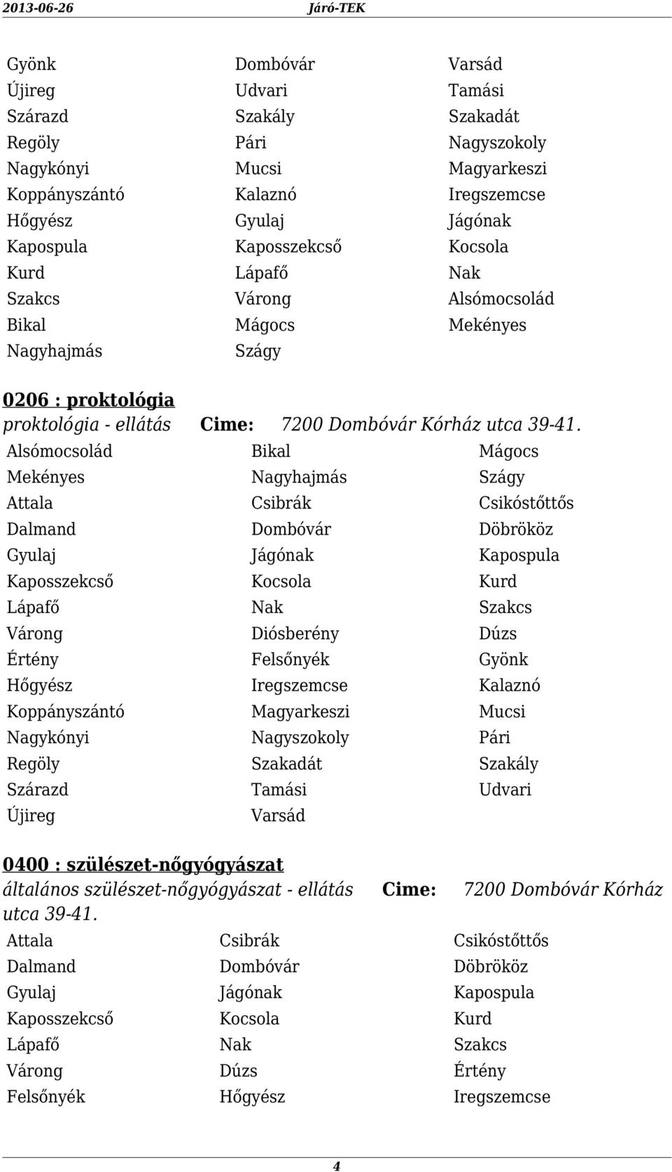 Alsómocsolád Bikal Mágocs Mekényes Nagyhajmás Szágy Várong Diósberény Dúzs Értény Felsőnyék Gyönk Hőgyész Iregszemcse Kalaznó Koppányszántó Magyarkeszi Mucsi Nagykónyi Nagyszokoly Pári Regöly