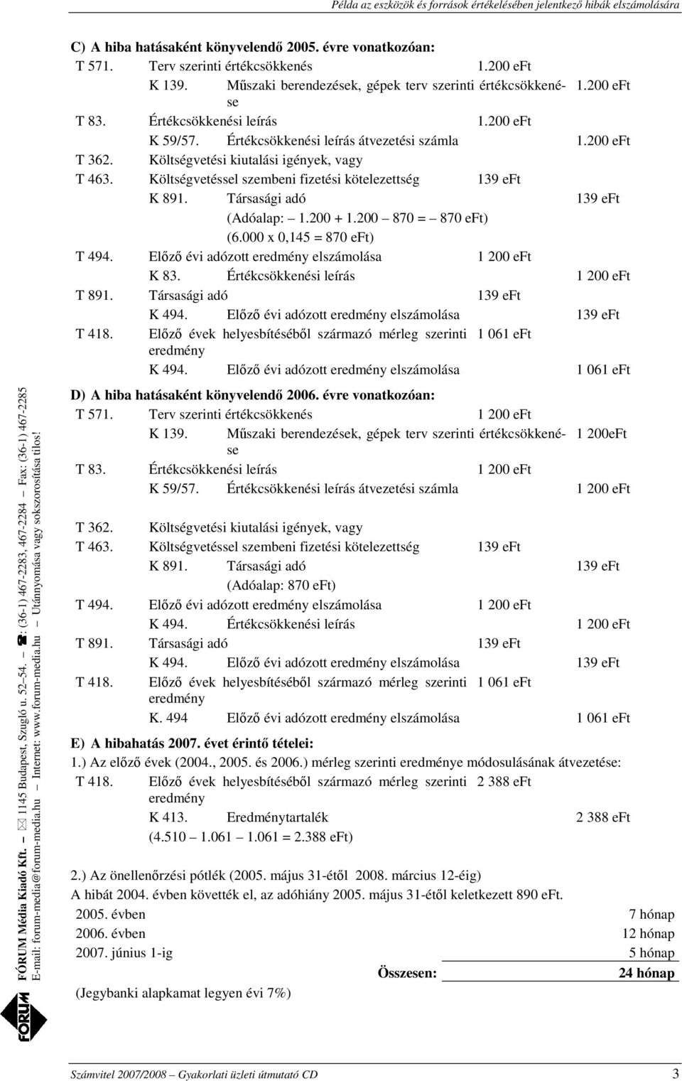 200 + 1.200 870 = 870 eft) (6.000 x 0,145 = 870 eft) T 494. Előző évi adózott elszámolása 1 200 eft K 83. Értékcsökkenési leírás 1 200 eft T 891. Társasági adó 139 eft K 494.