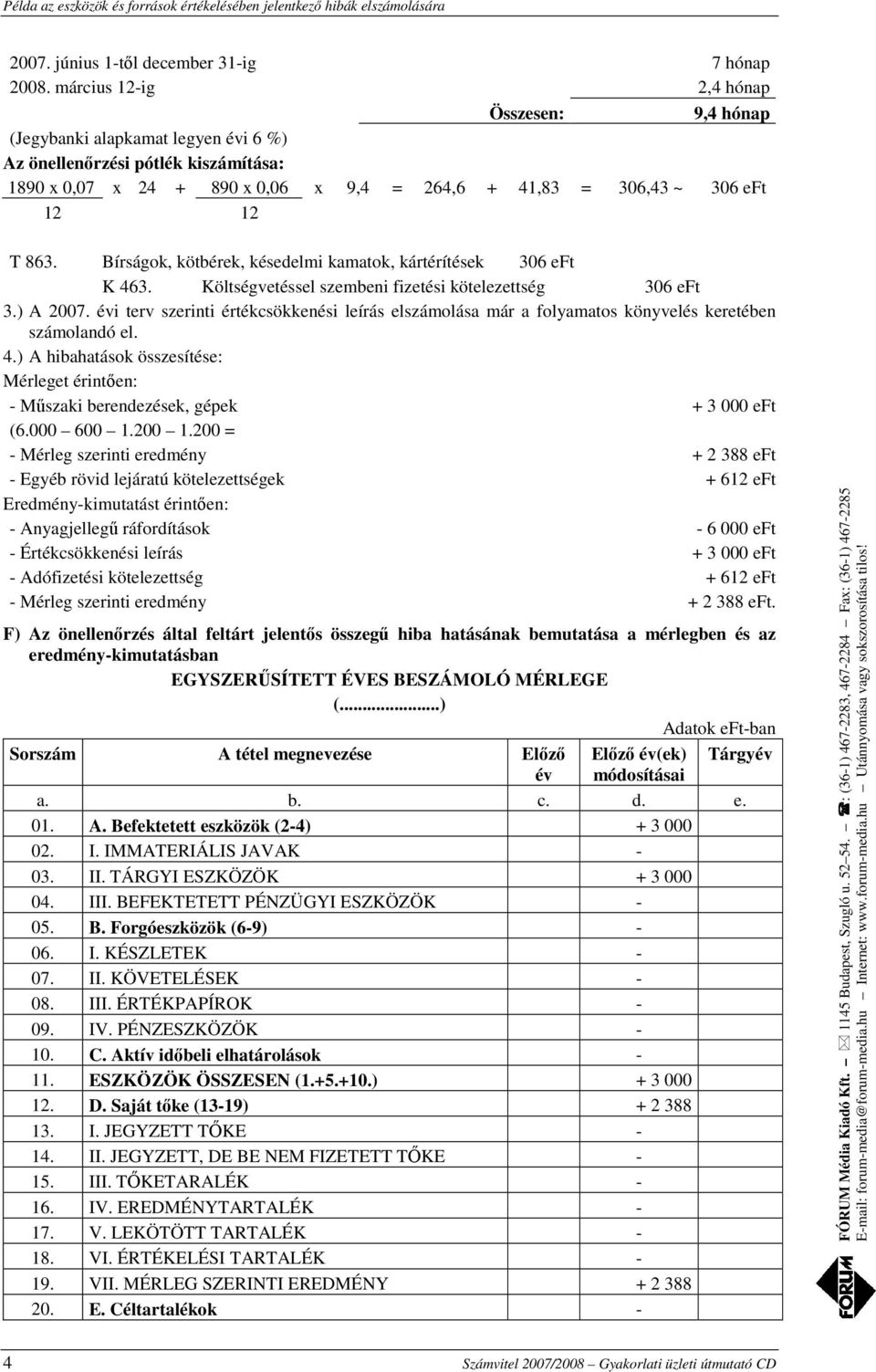 863. Bírságok, kötbérek, késedelmi kamatok, kártérítések 306 eft K 463. Költségvetéssel szembeni fizetési kötelezettség 306 eft 3.) A 2007.