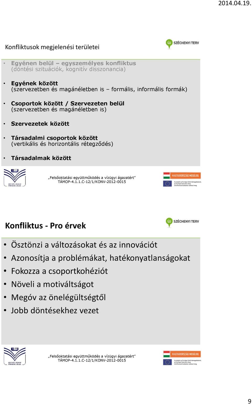 között Társadalmi csoportok között (vertikális és horizontális rétegződés) Társadalmak között Konfliktus - Pro érvek Ösztönzi a változásokat és