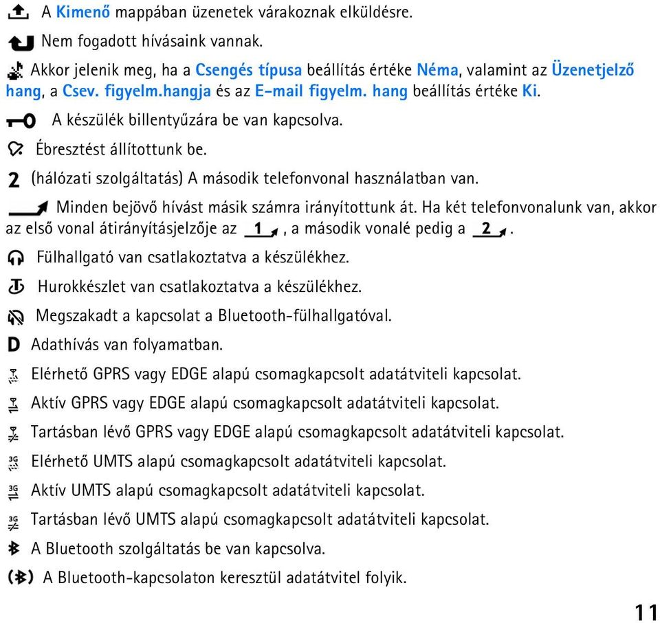 Minden bejövõ hívást másik számra irányítottunk át. Ha két telefonvonalunk van, akkor az elsõ vonal átirányításjelzõje az, a második vonalé pedig a. Fülhallgató van csatlakoztatva a készülékhez.