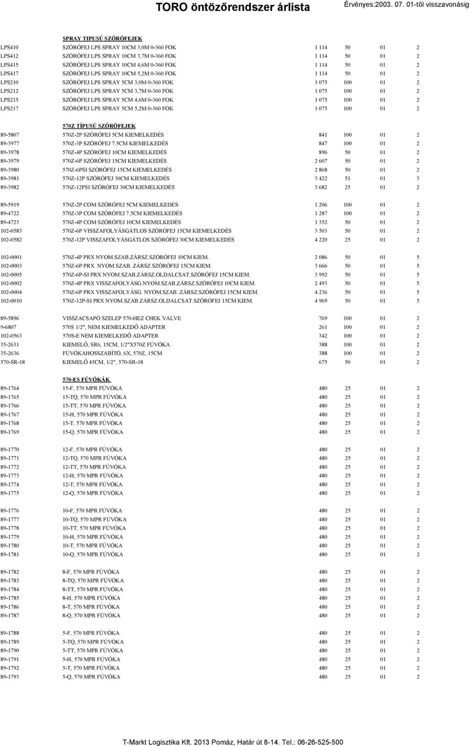 SZÓRÓFEJ LPS SPRAY 5CM 4,6M 0-360 FOK 1 075 100 01 2 LPS217 SZÓRÓFEJ LPS SPRAY 5CM 5,2M 0-360 FOK 1 075 100 01 2 570Z TÍPUSÚ SZÓRÓFEJEK 89-5807 570Z-2P SZÓRÓFEJ 5CM KIEMELKEDÉS 841 100 01 2 89-3977