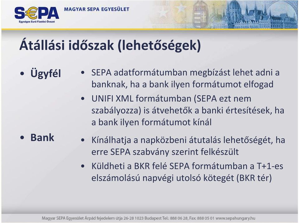 értesítések, ha a bank ilyen formátumot kínál Kínálhatja a napközbeni átutalás lehetőségét, ha erre SEPA